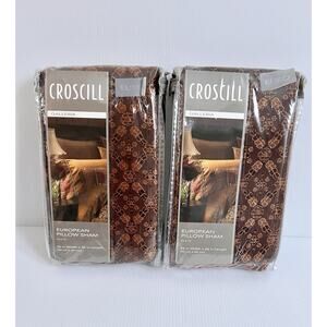TWO New Croscill Galleria Euro Pillow Shams Red Gold Brown Cord Trim 26”x26” NOS